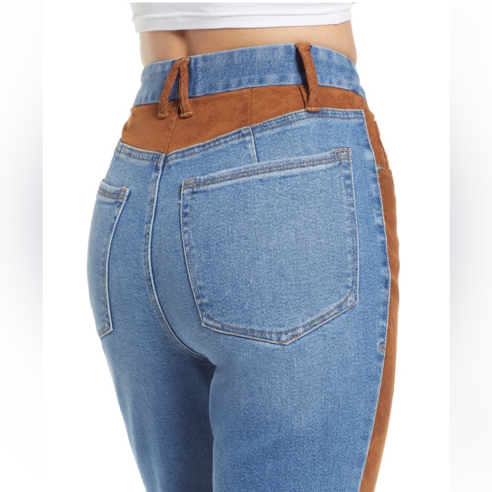 Good American Icon Mixed Media Denim & Faux Suede Pants Size 26 NWT - Picture 10 of 11